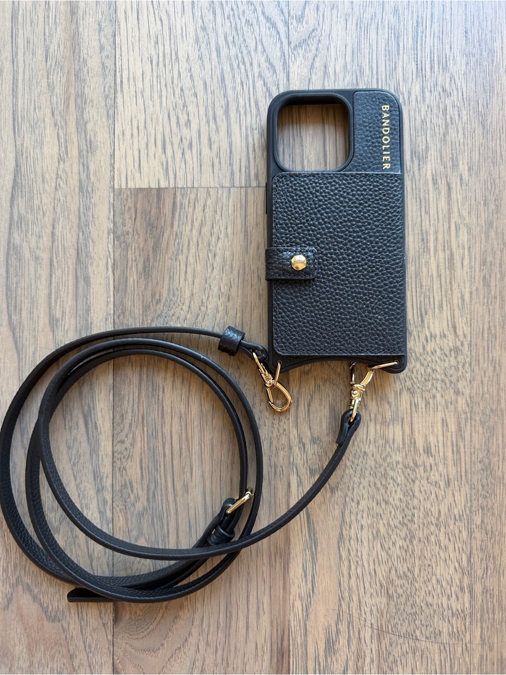 Bandolier Black Leather Crossbody Phone Wallet with Gold Hardware iPhone 15 Pro